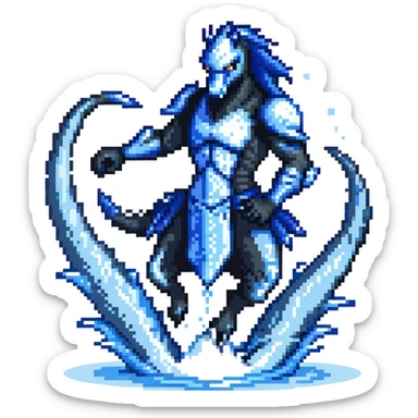 Black ninja water horse with dark blue magical water swirling around it, sharp spikes on its body, battle stance sticker