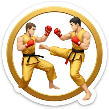 Round emblem symbolizing striking martial arts. The emblem features two fighters in dynamic stances, one delivering a powerful punch while the other defends with a block. In the center, a stylized fist and foot crossed to represent the essence of striking.  sticker