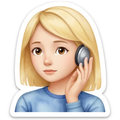 girl listening to viewer, side view, hand to ear, soft watercolor style sticker
