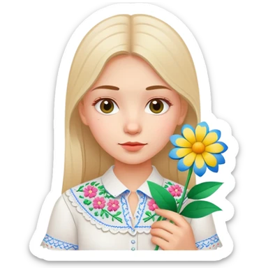 Ukrainian young girl in white embroidered shirt holding colored paper and a flower sticker