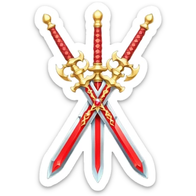 Two crossed swords that are golden in blade and handle and have fiery and royal appearence to them as well as red gem stones sticker