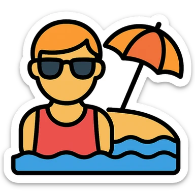 persona en una playa con gafas de sol, icono colorido con contornos negros, estilo moderno sticker