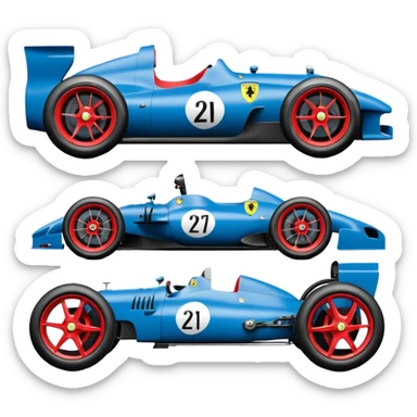  Hazy-blue Fenderless extended-wheelbase 2026 luxury racing Ferrari lowered powerful V-8 engined racing cycle car featuring advanced rugged 4 wheel independent suspension, power steering, disc brakes, small leather covered steering wheel, side mounted cowl exhaust  sticker