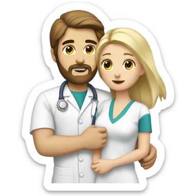Sick man with brown hair and beard being cared for by blond nurse  sticker