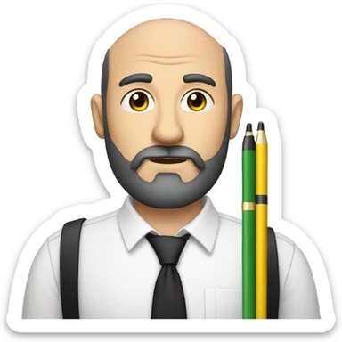 Balding man with black beard, cross on shirt, holding lots of pens  sticker