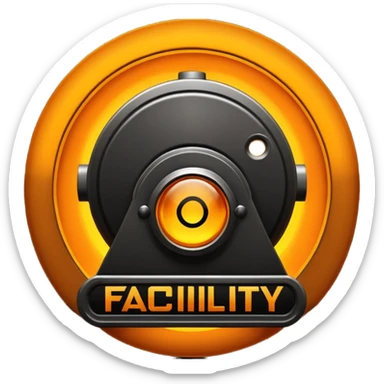 glowing amber industrial emblem above bold text reading “THE FACILITY”, dark background, clean typography, sci-fi bunker aesthetic, high contrast, sticker