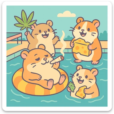 square Discord server icon, hamsters at a pool party with weed, cheese, THC theme, no disco ball, Pastel Toon style, nostalgic, fun, inviting, summer party vibe, pastel colors, playful details, clear composition sticker
