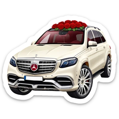 Side angle of White Mercedes Maybach GLS 600 with red roses on the front bumper sticker