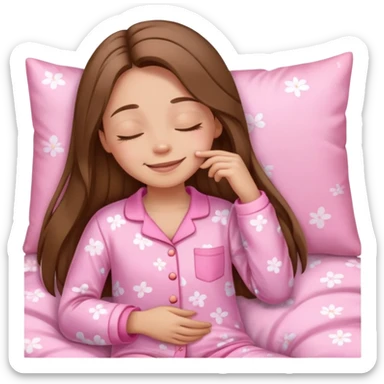 The brown long hair girl going to sleep in pink pajama with smile and closed eyes sticker
