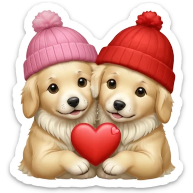 2 English cream golden retrievers cuddling with winter hats and heart in between them. Make them pale dogs . Less cartoon and no hands holding heart just a heart in between . Make them more pale and realistic looking like glossy  sticker