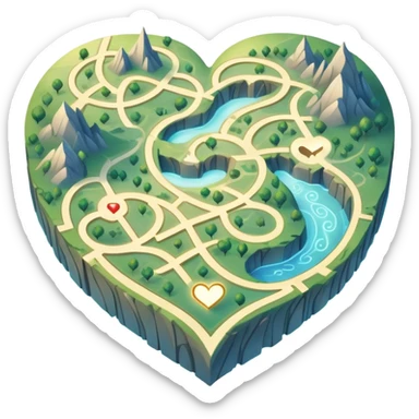 Magical cartography map with abstract heart-shaped pathways blending into the terrain lines, glowing ethereal map symbols sticker