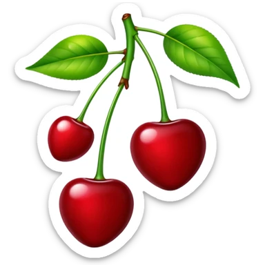 A pair of glossy red cherries with green stem and leaf sticker