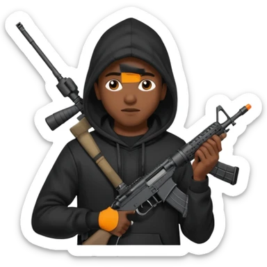 
Fais moi un jeune afro américain qui ressemble a un gangster qui tient une AR15 avec un hoodie a capuche, capuché sticker