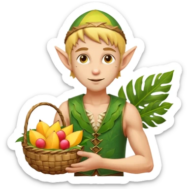 elf male Sleeveless vest with palm-leaf print, basket of exotic fruits (mango/lychee), sunburned nose. sticker