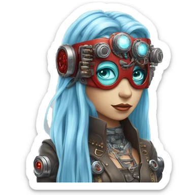 Light blue long hair female cyborg head with red steampunk headband goggles and circuits sticker