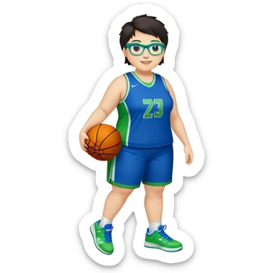Full Body plus size white female basketball player with short dark hair with highlights spike hair wearing blue glasses  wearing blue green uniform  green sneakers smiling sticker