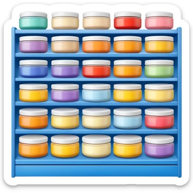 Japanese brand creams displayed on a storage shelf, arranged with horizontal variation and vertical consistency, with identical items placed directly behind one another. sticker