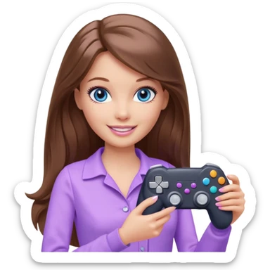 beautiful barbie girl with long brown hair, blue eyes and wearing light purple clothes playing console games with controller sticker
