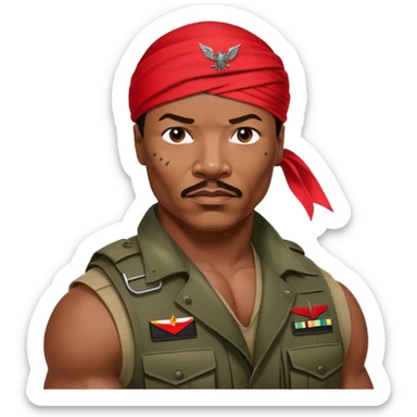 Carl Weathers as Dillon from Predator movie, muscular man in military gear with bandana sticker