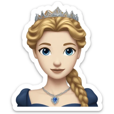 Feyre has pale skin, golden-brown hair and blue-grey eyes. She has a dark blue dress on with a silver crown sticker