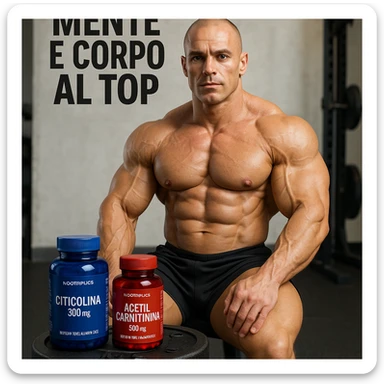 hyper realistic bodybuilder with citicoline and acetylcarnitine bottles near weights, sculpted muscles, blue and red bottles, text 'Mente e corpo al top', gym environment, light background sticker