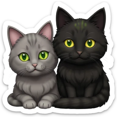 1 grey cat with green eyes and 1 black with yellow/green eyes cat cuddling sticker