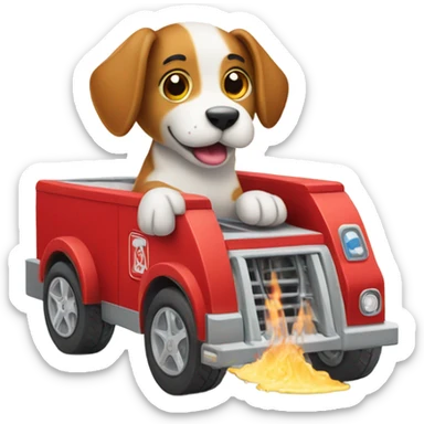 A dog washing a fire engine sticker