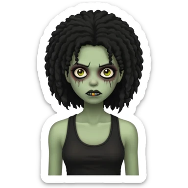 a female zombie with sage green skin, black long afro afro hair with edges, and a black tank top  sticker