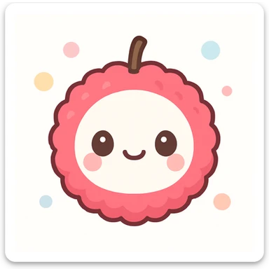 glossy 3D kawaii lychee character, round white face, large shiny eyes, smiling mouth, bright pink bumpy skin, small brown stem, playful colorful plush-toy inspired, soft shading, detailed texture sticker