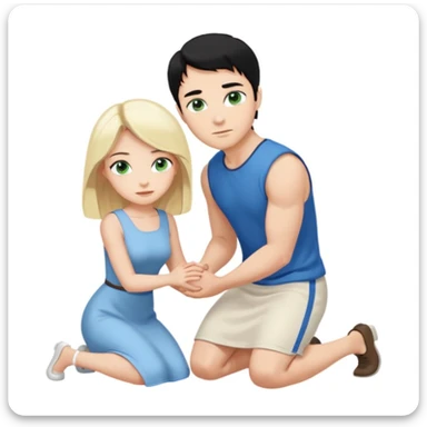 Man as prince, upright, black Hair, blue eyes, woman, blonde, green eyes, shott white sleveless Dress, kneeling, background palace sticker