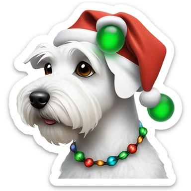 White miniature schnauzer with Santa hat and tangled up in Christmas lights sticker