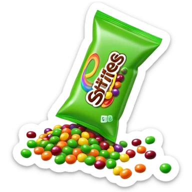 Skittles candy package with green candies spilling out, minimalist sticker