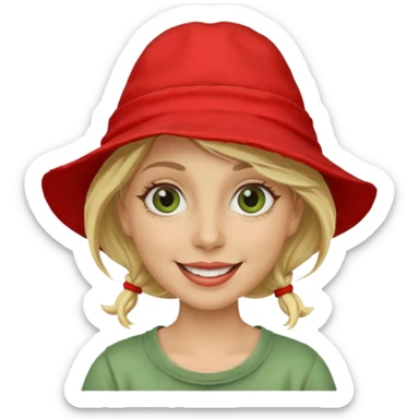 messy green clay mask and red tourist hat blond braided woman big eyes smiling and clay mask on face sticker