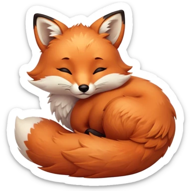 Cinematic cute sleepy fox, curled into a cozy fluffy ball, warm glowing fur, tiny black nose resting on its tail, soft breathing visible, peaceful and charming. sticker