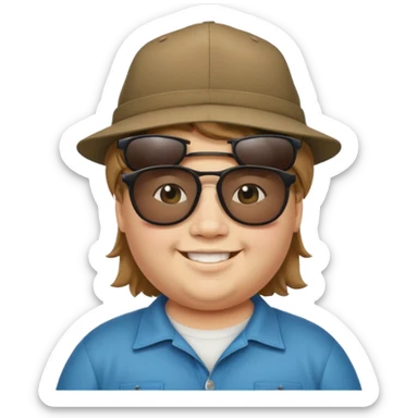 a very fat 16 year old boy who has light brown hair and a mullet and wearing a hat with upside down sunglasses on top of the hat sticker