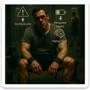 Add floating symbols above the head with Italian text: 'Cortisolo alto', 'Recupero basso', 'Fatica SNC'. The style should be raw cinematic with muted colors and dramatic lighting. The symbols must be clear and legible. sticker