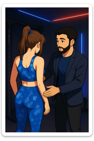 ispirati a questo stile di disegno e fai questa immagine in versione manga/webtoon a colori, il manga mostra la donna di spalle, mentre l'uomo le tocca la spina dorsale per spiegarle come funziona la scoliosi:
Con una scoliosi il baricentro corporeo cade maggiormente da un lato; per non cadere la schiena compensa accumulando tensione sul fianco opposto.
Il risultato? Si inclina e ruota sempre più, fino a che non cede (discopatie, artrosi, ecc) sticker