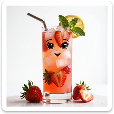 realistic elegant strawberry spritz lemonade character tall glass sparkling pink lemonade, strawberry slices, ice cubes, lemon and mint garnish, glass straw, subtle face in condensation with lifelike eyes and warm smile, summery sophisticated sticker