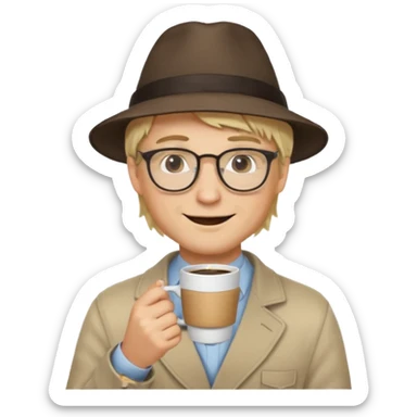 glasses long hair blonde man drink coffe with hat  sticker