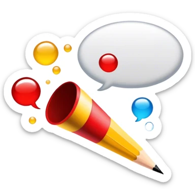 Create a vibrant and focused emoji representing writing text for comic books. The design should feature an open comic book with visible speech bubbles and text lines. A pencil or quill (without a hand) should be shown writing or sketching text into the bubbles. The background should show subtle comic panels with empty spaces awaiting dialogue, emphasizing the writing process. Use a mix of bright and bold colors like black, red, and yellow to convey creativity and energy. The overall design should evoke the art of storytelling through text in comic books. Make the background transparent. sticker