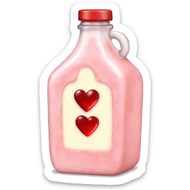 Antique heart-shaped bottle with butter, made of red crystals, white cream and pink strawberry milk pour from the bottle sticker