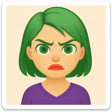 Edit the image of a girl with green hair and angry expression to have green eyes and coral lipstick in an emoji style. sticker