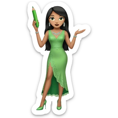 A plus-size light-skinned Black woman is wearing makeup. She has long, straight, waist-length black hair and is wearing a green sleeveless dress with rhinestones and lace and a low neckline. She is standing in green high heels and is holding a crayon in one hand, with the other hand raised. sticker