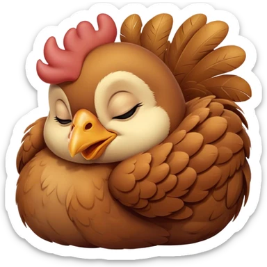 Meme-Worthy Cute Sleeping Brown Chicken Portrait Emoji, Head resting peacefully with a contented smile, showcasing a delightfully compact build and a luxuriously soft brown plumage, eyes shut in a serene, restful nap, Simplified yet hilariously adorable features, highly detailed, glowing with a soft, drowsy light, high shine, relaxed and utterly lovable, stylized with an air of playful laziness, bright and heartwarming, soft glowing outline, capturing the essence of a comically sleepy chicken, so meme-worthy it feels like it could instantly become the next viral sensation of adorable slumber! sticker