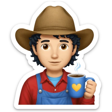 Ranch hand with blue hat and coffee mug, curly black hair, red shirt sticker
