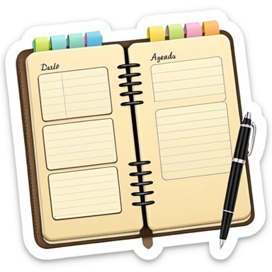 daily planner agenda cream leather with open page and pen with stickynotes sticker