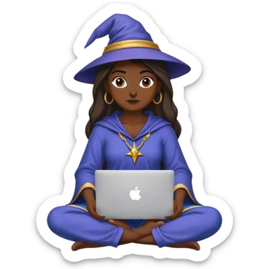 Female dark skinned Wizard sitting cross legged and working on a macbook sticker