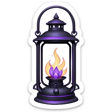 A Discord emoji of a dark violet flame burning inside a black iron lantern. The lantern has sharp, gothic edges and a small 'streak' of light emerging from it. Dark fantasy aesthetic, bold outlines, vibrant purple fire, white background, high detail but simple enough to be visible at 32x32 pixels. sticker
