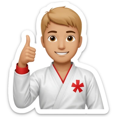 Crea un personaje masculino con el uniforme de taekwondo que tenga efecto dibujito y esté realizando este gesto con la mano👍🏼, debe estar sonriente sticker