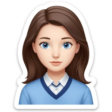 Realistic Student Portrait, with porcelain-like skin featuring a natural rosy flush, iHer Brunette Half-Up Style for Straight  hair flows in soft, Her deep blue eyes radiate warmth and innocence,  wear light blue preppy style. sticker